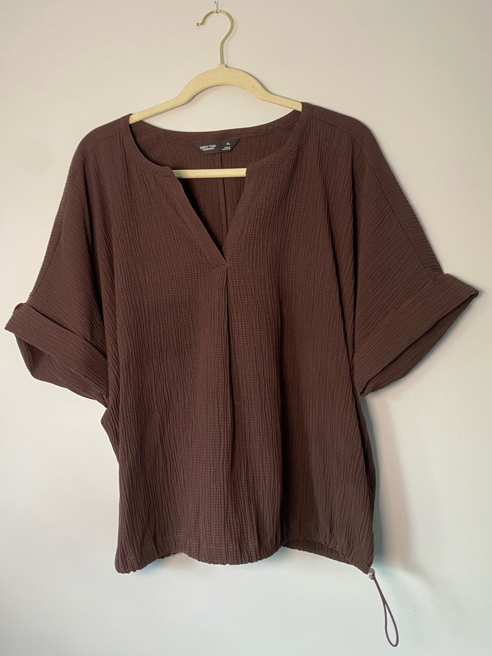 Simply Vera Vera Wang Brown Textured V-Neck Drawstring Hem Top XL